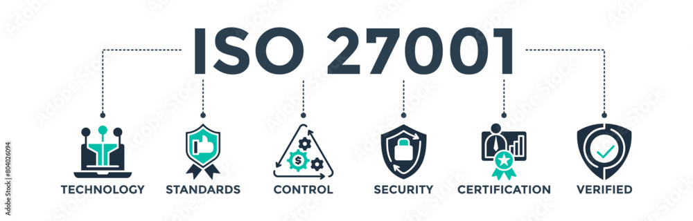 ISO27001 banner web icon concept for information security management system (ISMS) with glyph icon of technology, standards, control, security, certification, and verified. Vector illustration ISO27001 banner web icon concept for information security management system (ISMS) with glyph icon of technology, standards, control, security, certification, and verified. Vector illustration