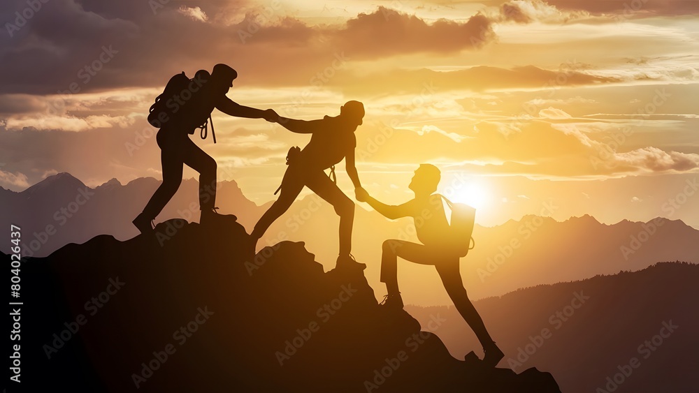 Obraz premium group of people jumping in the air against a backdrop of a cloudy sky, silhouette of mountains, and a setting or rising sun.