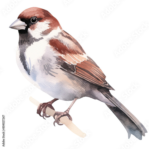 AI-Generated Watercolor Sparrow on a branch Clip Art Illustration. Isolated elements on a white background.