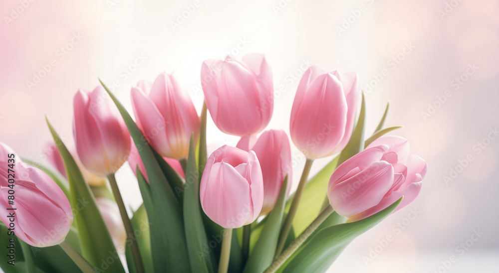 Pink tulips bouquet, on soft pink background. Сlose-up for greeting cards and Mother's Day event. Banner with copy space.