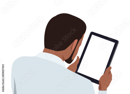Young black business man with blank tablet in the hand back view. Flat vector illustration isolated on white background