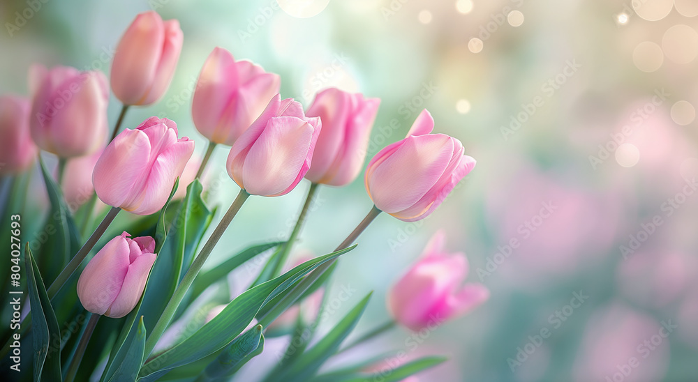 Pink tulips on soft green and bokeh background. Сlose-up for greeting cards and Mother's Day event. Banner with copy space.