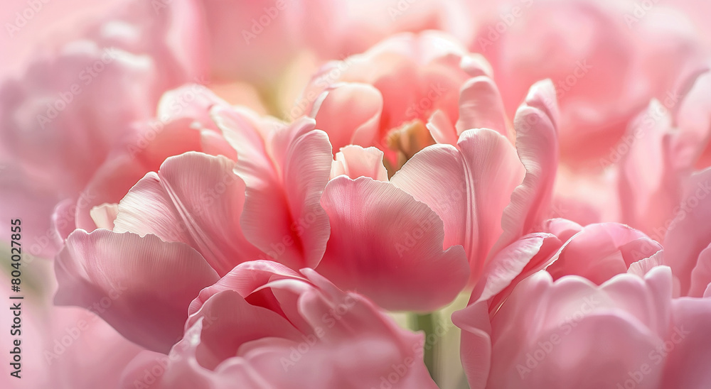 Close-up of pink tulips with soft focus. Macro floral design and greeting cards. Women and Mother's Day event. Banner with copy space.