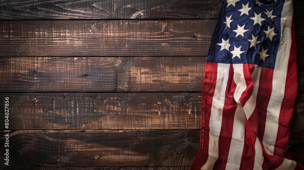 Obraz premium Captivating close-up shot of the United States flag hanging gracefully on a wooden background, emphasizing patriotism and national identity