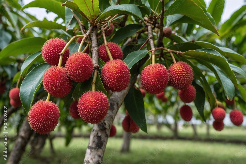 Ripe lychees hanging from the branches of a lychee tree Ripe lychees hanging from the branches of a lychee tree