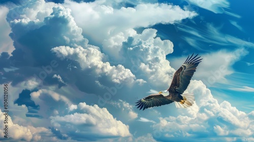 Bald Eagle Soaring with Clouds Background