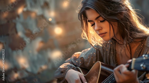 A beautiful girl playing the guitar in the sunlight photo