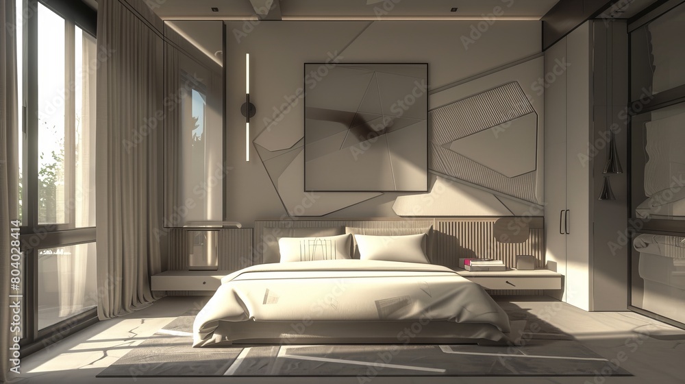 A modern bedroom with an abstract geometric layout, emphasizing minimalism and sophistication. Future housing design with clean lines and a creative structure. A modern bedroom with an abstract geometric layout, emphasizing minimalism and sophistication. Future housing design with clean lines and a creative structure.