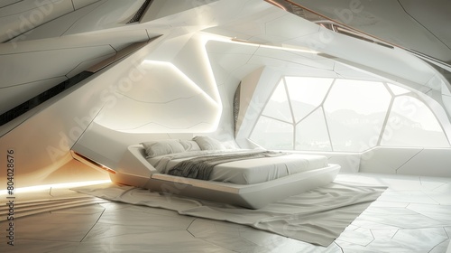 A bedroom with an innovative structure, integrating futuristic and minimalistic design principles. Geometry and abstract forms blend to create a unique, sophisticated space.