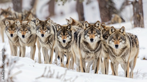 Intense Wolf Pack with Piercing Eyes in Snowy Wilderness © AnimalAI