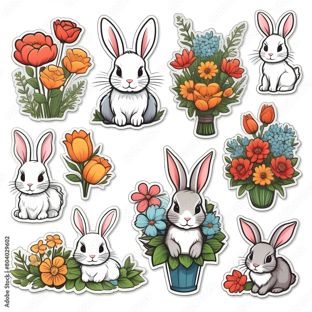 Cute cartoon bunny with carrots and Easter eggs Cute cartoon bunny with carrots and Easter eggs