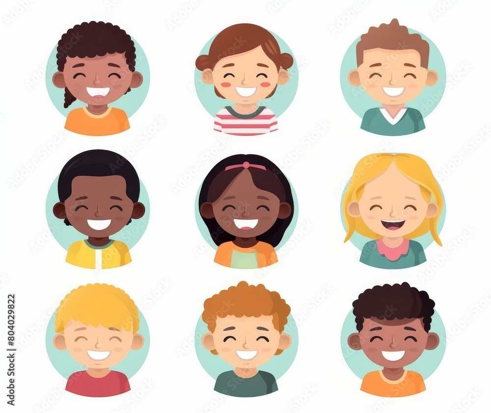 Diverse Children Cartoon Avatars Smiling Portraits Illustration Set Diverse Children Cartoon Avatars Smiling Portraits Illustration Set