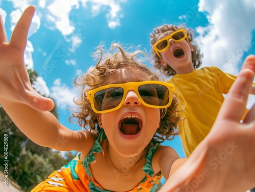 Two excited children in sunglasses reaching out to the camera against a sunny  blue sky background  embodying happiness and carefree play.