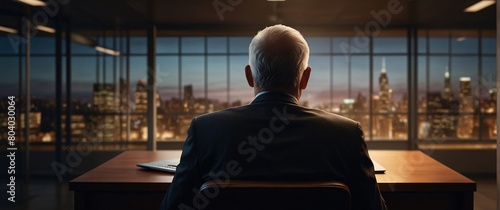 buying stocks with a mesmerizing depiction of an businessman, their back presented in a half-turn, wearing suits in an office, seated in front of a commanding monitor, engrossed in the process photo