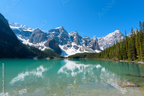Beautiful turquoise waters of the Moraine lake, Banff National Park, Alberta, Canada photo