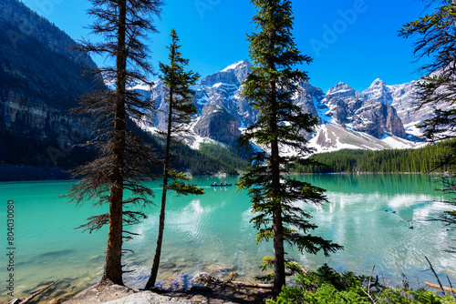 View of Valley of the Ten Peaks moraine lake with blue sky, Banff National Park, Alberta, Canada photo