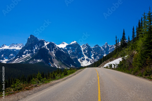 View of the Ten Peaks from the road to Moraine Lake, Road trip in Banff National Park, Canada