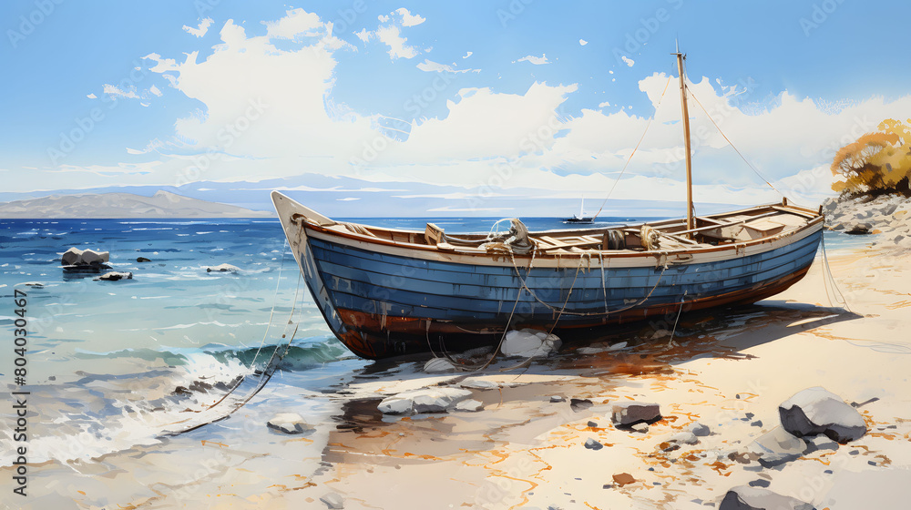 watercolor painting of local fisherman boat on the beach.