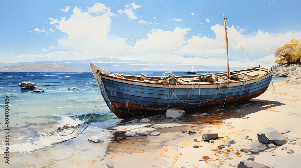 watercolor painting of local fisherman boat on the beach. watercolor painting of local fisherman boat on the beach.