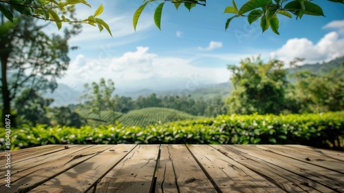 Panoramic tea plantation landscape at sunny day with outdoor rustic wooden tabletop