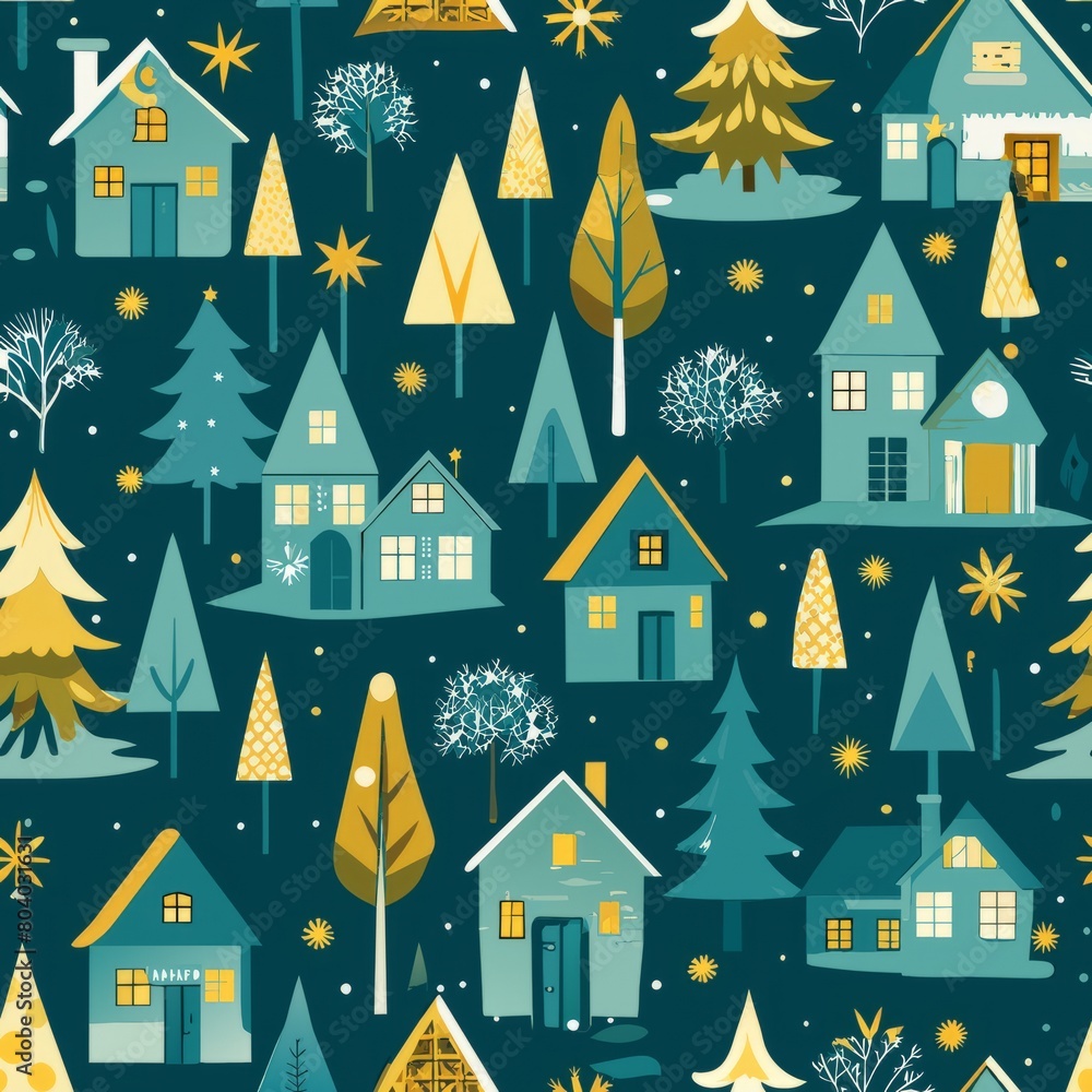 Seamless pattern of twinkling lights adorning trees and houses, Generative AI