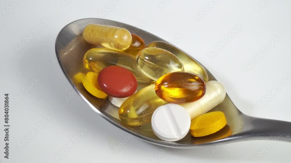 Pills on a spoon on white background - Turn around animation Pills on a spoon on white background - Turn around animation