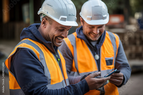 Generative AI picture Portrait of construction worker wearing a protective safety uniform clothes helmet at big building