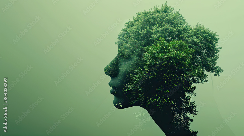 double exposure of a woman and trees on green background 