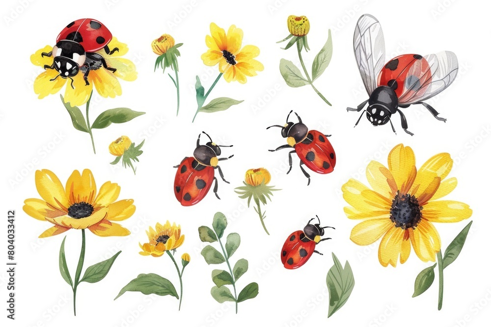 A collection of ladybugs and sunflowers on a white background. Perfect for nature-themed designs