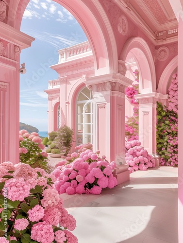 The courtyard of a pink European architecture, full of flowers photo