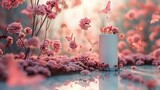 Gentle Pink Flowers and Butterflies in a Graceful Scene