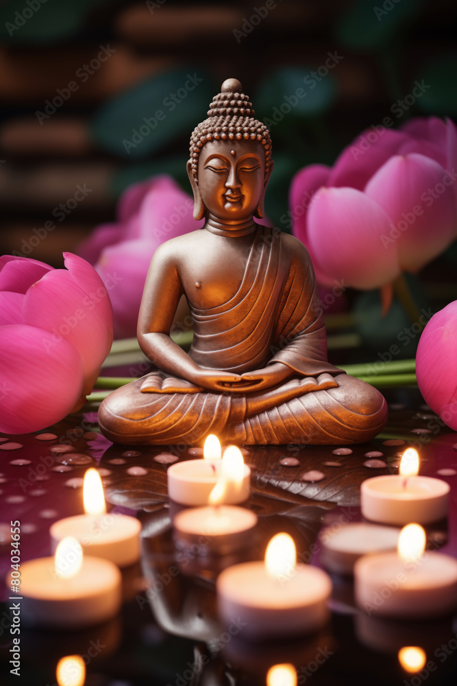 Buddha statue among pink water lilies, lotus flowers and candles