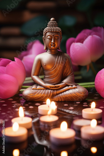 Buddha statue among pink water lilies  lotus flowers and candles