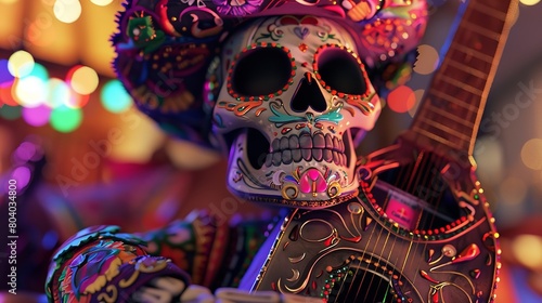 Sugar Skull Holding a Guitar with Colorful Decorations photo