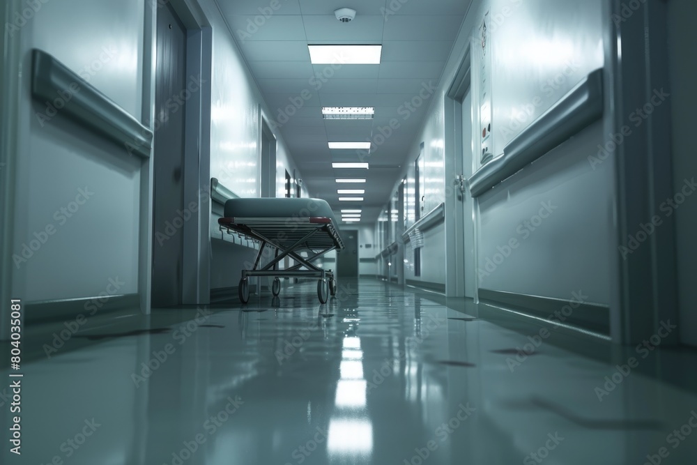 A hospital hallway with a cart, suitable for medical concepts