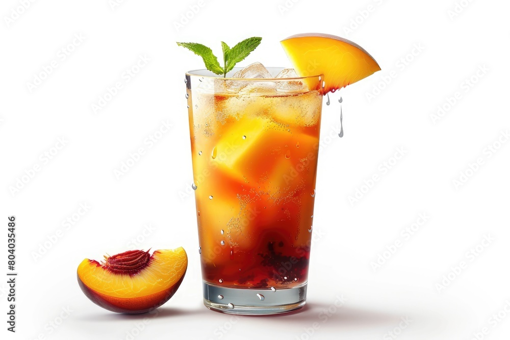 Mango Peach Fizz cocktail drink isolated in front of a white backdrop. Generative Ai