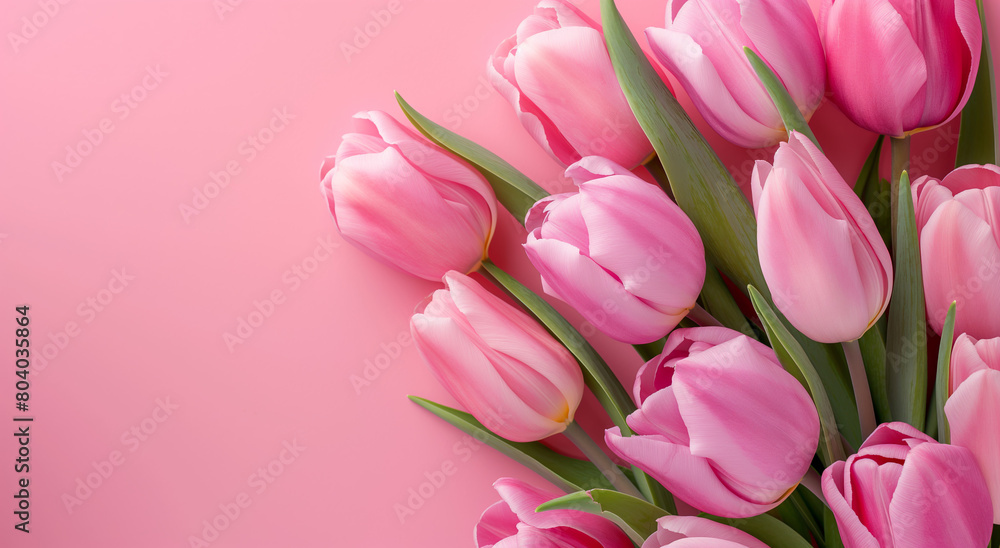 Pink tulips on pink background. Studio floral composition, banner with copy space for greeting cards, invitations, and Mother's Day themes. Pink tulips on pink background. Studio floral composition, banner with copy space for greeting cards, invitations, and Mother's Day themes.