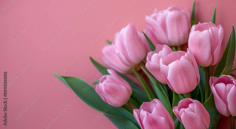 Pink tulips on pink background. Studio floral composition, banner with copy space for greeting cards, invitations, and Mother's Day themes. Pink tulips on pink background. Studio floral composition, banner with copy space for greeting cards, invitations, and Mother's Day themes.