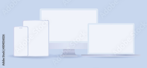 White computer and phone mockup set with desktop, laptop and tablet. Realistic clay electronic device set in front view, pc screen, open notebook, pad and mobile display isolated on grey background.
