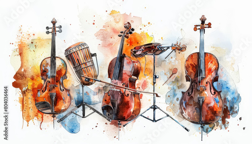 Three violins are on a stand with a drum in the background photo