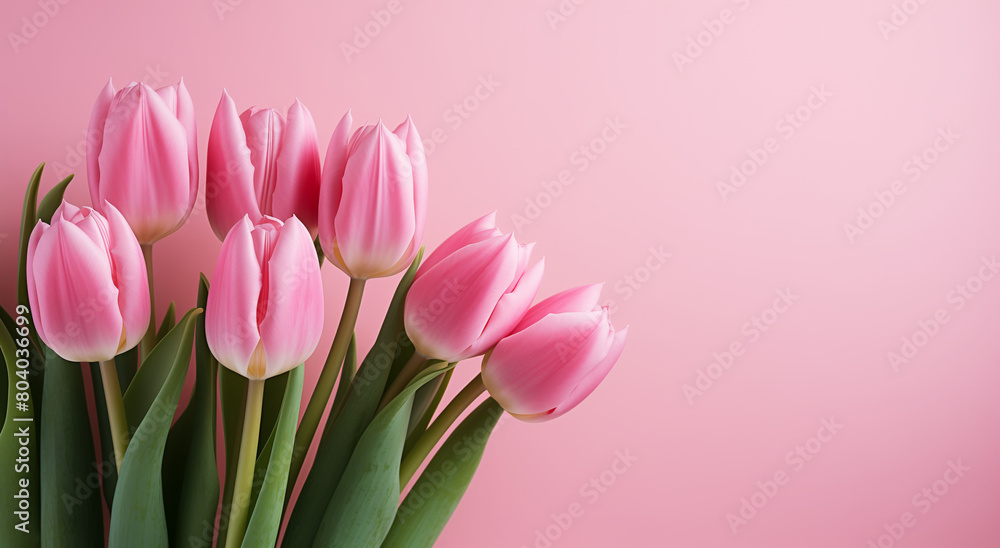 Pink tulips on pink background. Studio floral composition, banner with copy space for greeting cards, invitations, and Mother's Day themes. Pink tulips on pink background. Studio floral composition, banner with copy space for greeting cards, invitations, and Mother's Day themes.