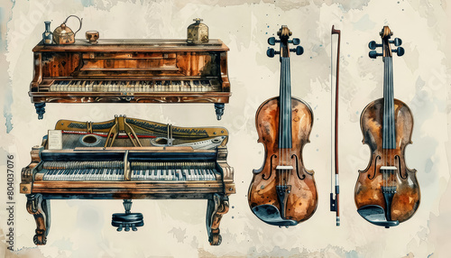 A drawing of a piano, a violin, and a cello