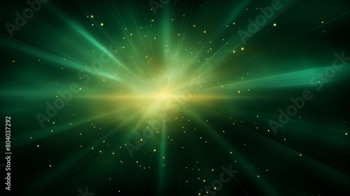 Ausbruch aus grünem Licht, abstrakte schöne Lichtstrahlen auf dunkelgrünem Hintergrund, goldgrün funkelnder Hintergrund mit Kopierraum