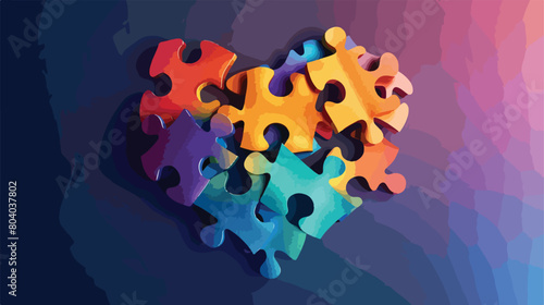 Colorful puzzle pieces in shape of heart on color background