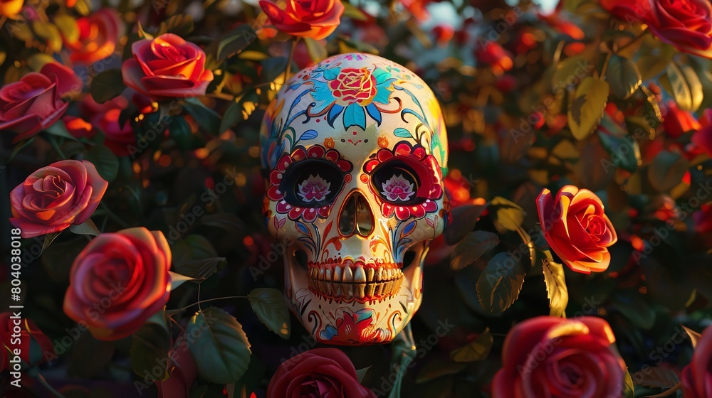Traditional Mexican Image of a Painted Skull on Display