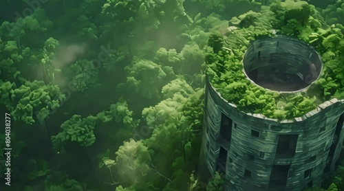 aerial view, old tower in the middle of the forest. 4k video photo