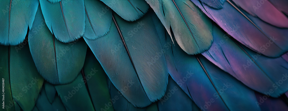 Close-up of vibrant, iridescent bird feathers. Image for textile, wallpaper, and fashion prints. Macro view with copy space. Close-up of vibrant, iridescent bird feathers. Image for textile, wallpaper, and fashion prints. Macro view with copy space.