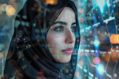 Generative AI illustration of charming abaric woman in hijab headscarf, religious woman in modern world