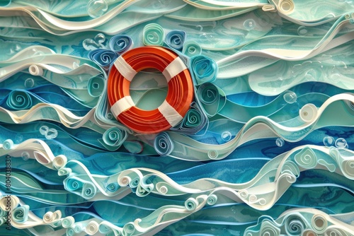 An orange life preserver resting on a wave, suitable for water safety concepts photo