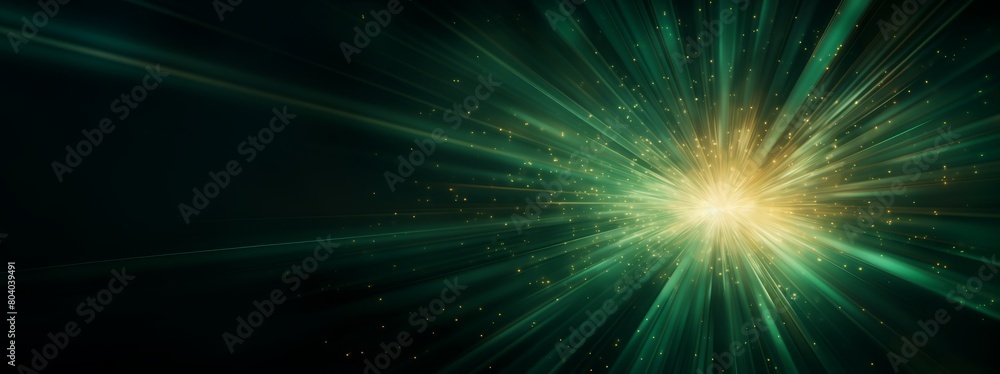 Ausbruch aus grünem Licht, abstrakte schöne Lichtstrahlen auf dunkelgrünem Hintergrund, goldgrün funkelnder Hintergrund mit Kopierraum Ausbruch aus grünem Licht, abstrakte schöne Lichtstrahlen auf dunkelgrünem Hintergrund, goldgrün funkelnder Hintergrund mit Kopierraum